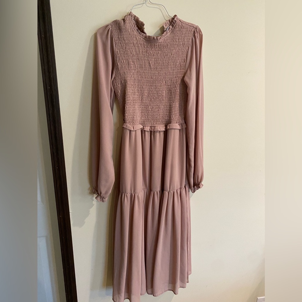 HYFVE Dusty Rose Long Sleeve Smocked Maxi Dress